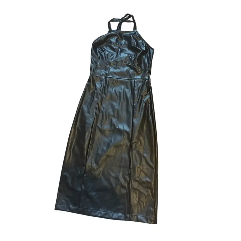 NWT Free People Lost + Wander Onyx Midi Dress Vegan Leather Moto Black Goth
